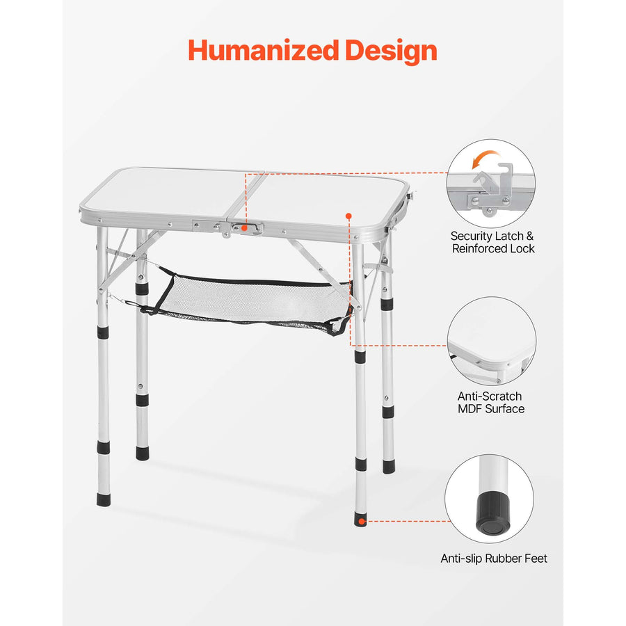 Folding Camping Table, Adjustable Height Portable Side Tables, Aluminum MDF Beach Table with Mesh Layer, Carrying Handle, Lightweight Compact for Outdoor Picnic BBQ Cooking, 24x16in, Silver