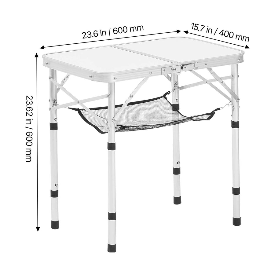 Folding Camping Table, Adjustable Height Portable Side Tables, Aluminum MDF Beach Table with Mesh Layer, Carrying Handle, Lightweight Compact for Outdoor Picnic BBQ Cooking, 24x16in, Silver