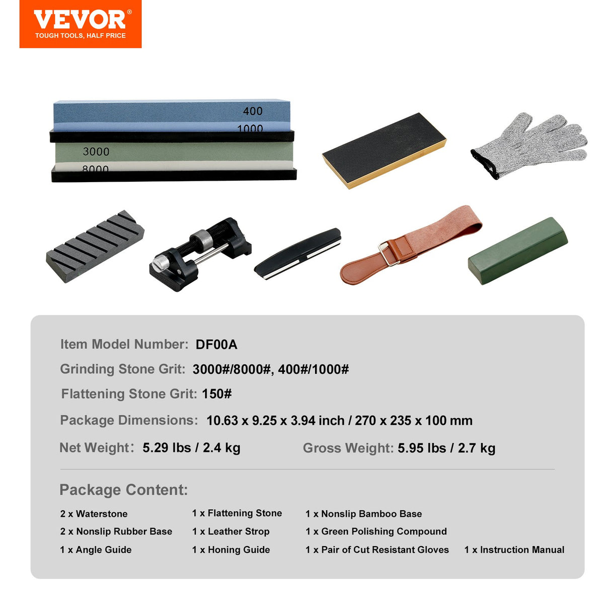 VEVOR Whetstone Knife Sharpening Kit, 2 Dual-Sided Grit Whetstones 400/1000 3000/8000, 10PCS Knife Sharpener Kit with 3 Non-Slip Bases, Angle & Honing
