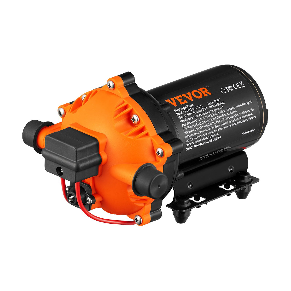 VEVOR Water Diaphragm Pump, 20.8 LPM Flow, 4.8 bar Rated Pressure (2.8-6.9 bar Adjustable), 12.7 mm