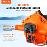 VEVOR Water Diaphragm Pump, 20.8 LPM Flow, 4.8 bar Rated Pressure (2.8-6.9 bar Adjustable), 12.7 mm MNPT Self Priming Sprayer Pump with Pressure Switch for RV Camper Marine Boat Lawn, FCC Certified - Side View