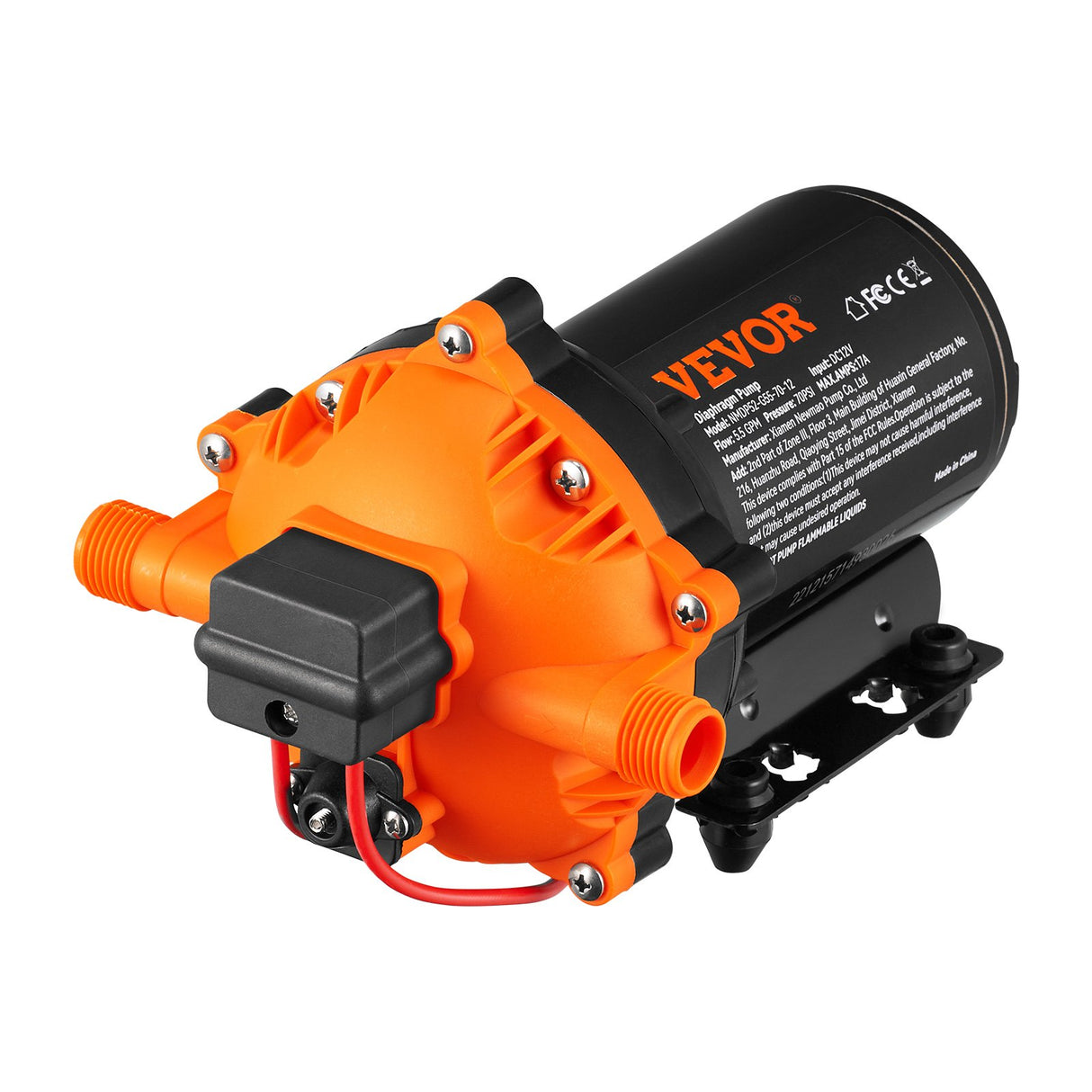 VEVOR Water Diaphragm Pump, 20.8 LPM Flow, 4.8 bar Rated Pressure (2.8-6.9 bar Adjustable), 12.7 mm MNPT Self Priming Sprayer Pump with Pressure Switch for RV Camper Marine Boat Lawn, FCC Certified