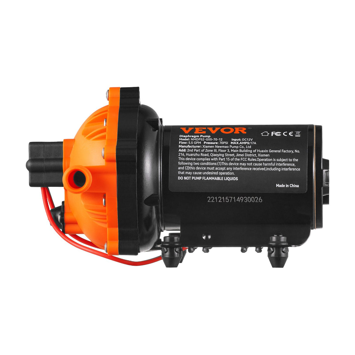 VEVOR Water Diaphragm Pump, 20.8 LPM Flow, 4.8 bar Rated Pressure (2.8-6.9 bar Adjustable), 12.7 mm