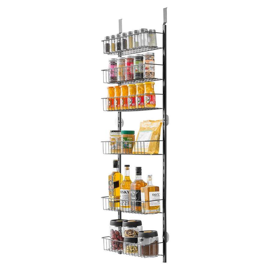 Over the Door Pantry Organizer, 6-Tier Pantry Organization and Storage, Heavy-Duty Steel Hanging Spice Rack, Adjustable Wall Seasoning Shelves, for Home Kitchen Laundry Room Bathroom, Black