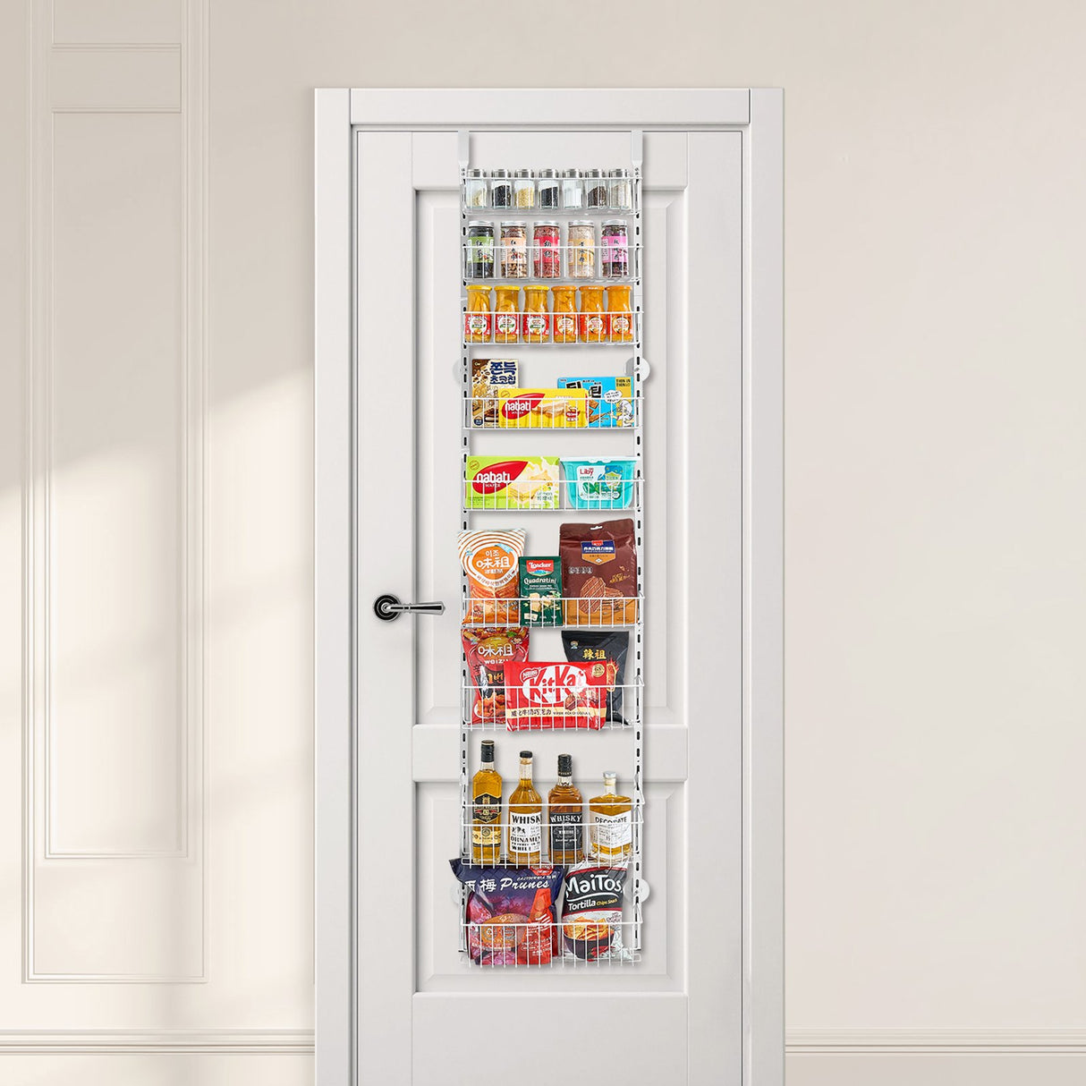 Over the Door Pantry Organizer, 9-Tier Pantry Organization and Storage, Heavy-Duty Steel Hanging Spice Rack, Adjustable Wall Seasoning Shelves, for Home Kitchen Laundry Room Bathroom, White