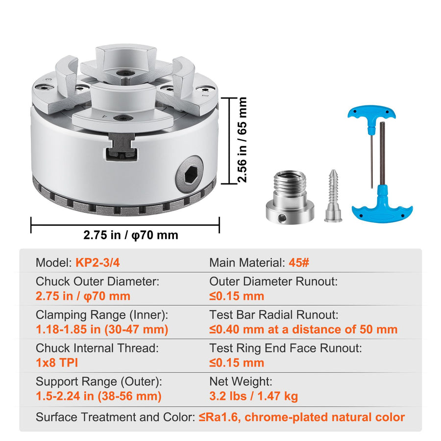 KP2-3/4 Lathe Chuck, 4-Jaw 70 mm Diameter, Metal Lathe Chuck Turning Machine Accessories, Self-centering Tool, for Lathe, Precision Machining, Grinding Machines, Milling Machines