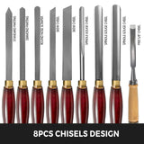 VEVOR Woodworking Lathe Chisel Set 8 Piece Set Lathe Chisel HSS Steel Blades Wood Turning Tools Wooden Case for Storage for Wood Carving Root Carving Furniture Carving Lathes Red - Side View