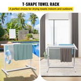VEVOR Pool Towel Rack, 5 Bar, White, Freestanding Outdoor PVC T-Shape Poolside Storage Organizer, Include 8 Towel Clips, Mesh Bag, Hook, Also Stores Floats and Paddles, for Beach, Swimming Pool, Home - Front View