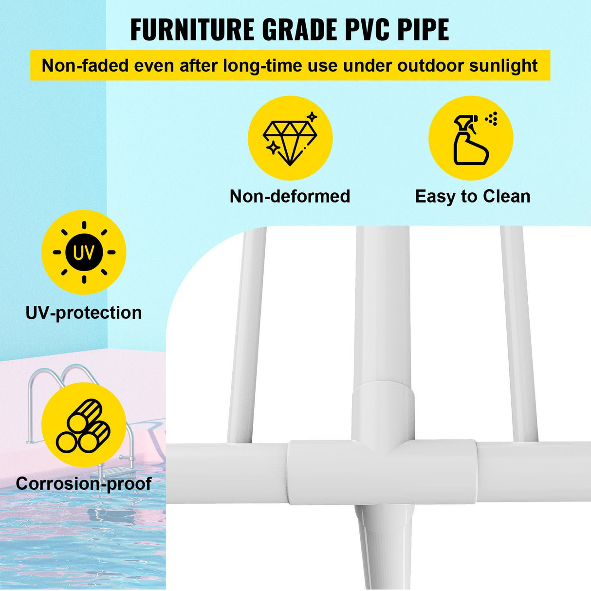 VEVOR Pool Towel Rack, 5 Bar, White, Freestanding Outdoor PVC T-Shape Poolside Storage Organizer, Include 8 Towel Clips, Mesh Bag, Hook, Also Stores