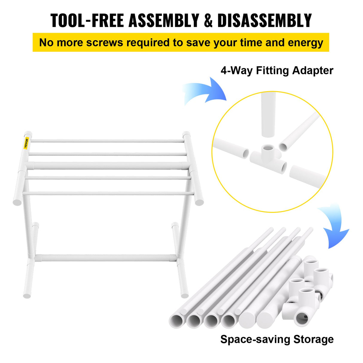 VEVOR Pool Towel Rack, 5 Bar, White, Freestanding Outdoor PVC T-Shape Poolside Storage Organizer, Include 8 Towel Clips, Mesh Bag, Hook, Also Stores Floats and Paddles, for Beach, Swimming Pool, Home