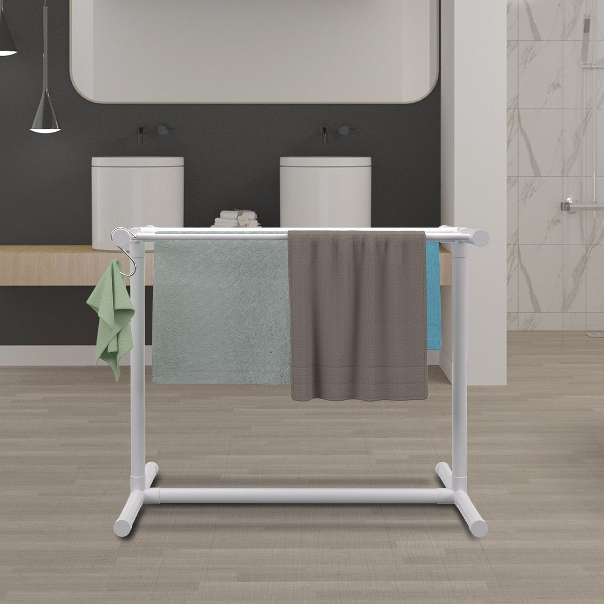 VEVOR Pool Towel Rack, 5 Bar, White, Freestanding Outdoor PVC T-Shape Poolside Storage Organizer, Include 8 Towel Clips, Mesh Bag, Hook, Also Stores Floats and Paddles, for Beach, Swimming Pool, Home