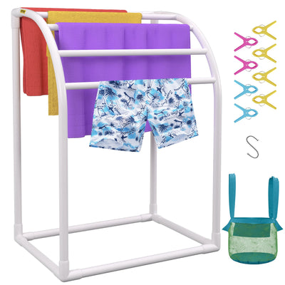 VEVOR Pool Towel Rack, 5 Bar, Milky, Freestanding Outdoor PVC Curved Poolside Storage Organizer, Include 8 Towel Clips, Mesh Bag, Hook, Also Stores