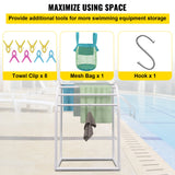 VEVOR Pool Towel Rack, 5 Bar, Milky, Freestanding Outdoor PVC Curved Poolside Storage Organizer, Include 8 Towel Clips, Mesh Bag, Hook, Also Stores Floats and Paddles, for Beach, Swimming Pool, Home - 45-Degree Angle