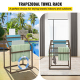 VEVOR Pool Towel Rack, 5 Bar, Brown, Freestanding Outdoor PVC Trapedozal Poolside Storage Organizer, Include 8 Towel Clips, Mesh Bag, Hook, Also Stores Floats and Paddles, for Beach, Swimming Pool - Front View