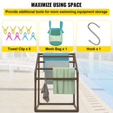 VEVOR Pool Towel Rack, 5 Bar, Brown, Freestanding Outdoor PVC Trapedozal Poolside Storage Organizer, Include 8 Towel Clips, Mesh Bag, Hook, Also Stores Floats and Paddles, for Beach, Swimming Pool - 45-Degree Angle