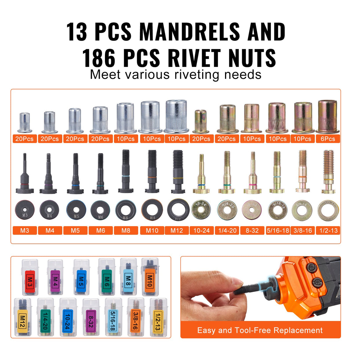 VEVOR Rivet Nut Tool, 16??Rivnut Tool Kit with 13PCS Metric and SAE Mandrels, 186PCS Rivet Nuts, M3, M4, 10-24, M5, M6, 1/4-20, 8-32, 5/16-18, M8, 3/8