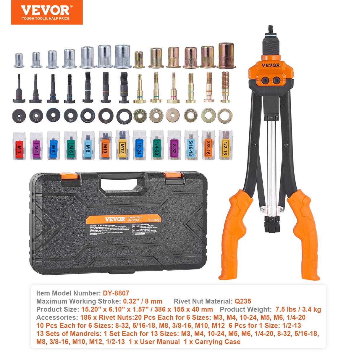 VEVOR Rivet Nut Tool, 16??Rivnut Tool Kit with 13PCS Metric and SAE Mandrels, 186PCS Rivet Nuts, M3, M4, 10-24, M5, M6, 1/4-20, 8-32, 5/16-18, M8, 3/8