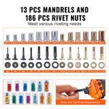 VEVOR Rivet Nut Tool, 16” Rivnut Tool Kit with 13PCS Metric and SAE Mandrels, 186PCS Rivet Nuts, M3, M4, 10-24, M5, M6, 1/4-20, 8-32, 5/16-18, M8, 3/8-16, M10, M12, 1/2-13, With Carrying Case - Top-Down View