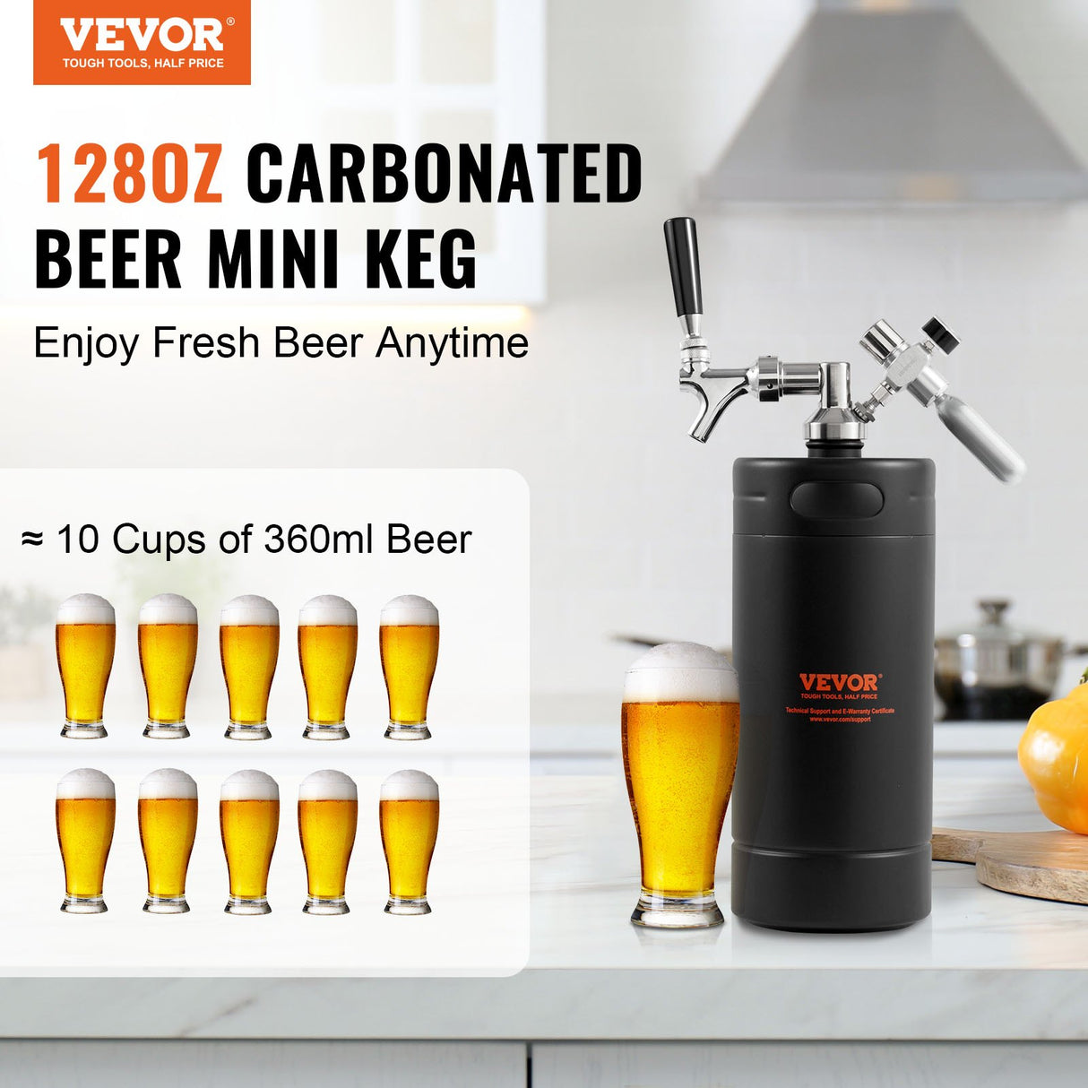 VEVOR Beer Growler Tap System, 4L Mini Keg, 304 Stainless Steel Pressurized Beer Growler, Keg Growler with Pressure Display, CO2 Regulator Faucet,
