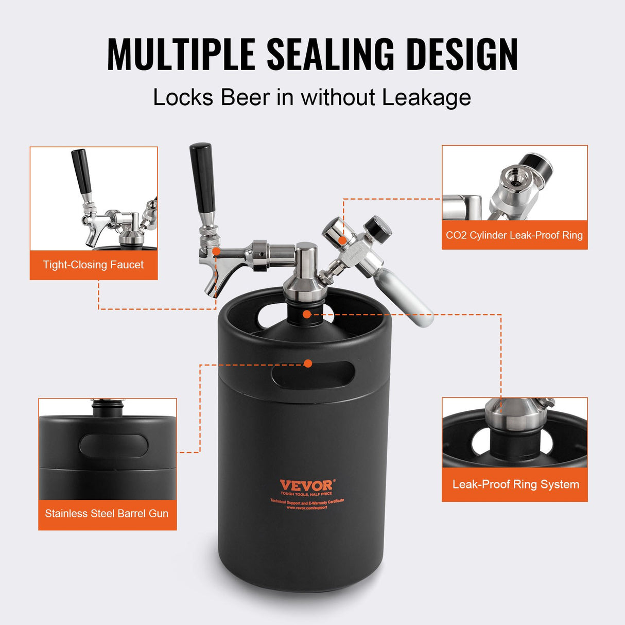 VEVOR Beer Growler Tap System, 5L Mini Keg, 304 Stainless Steel Pressurized Beer Growler, Keg Growler with Pressure Display, CO2 Regulator Faucet,