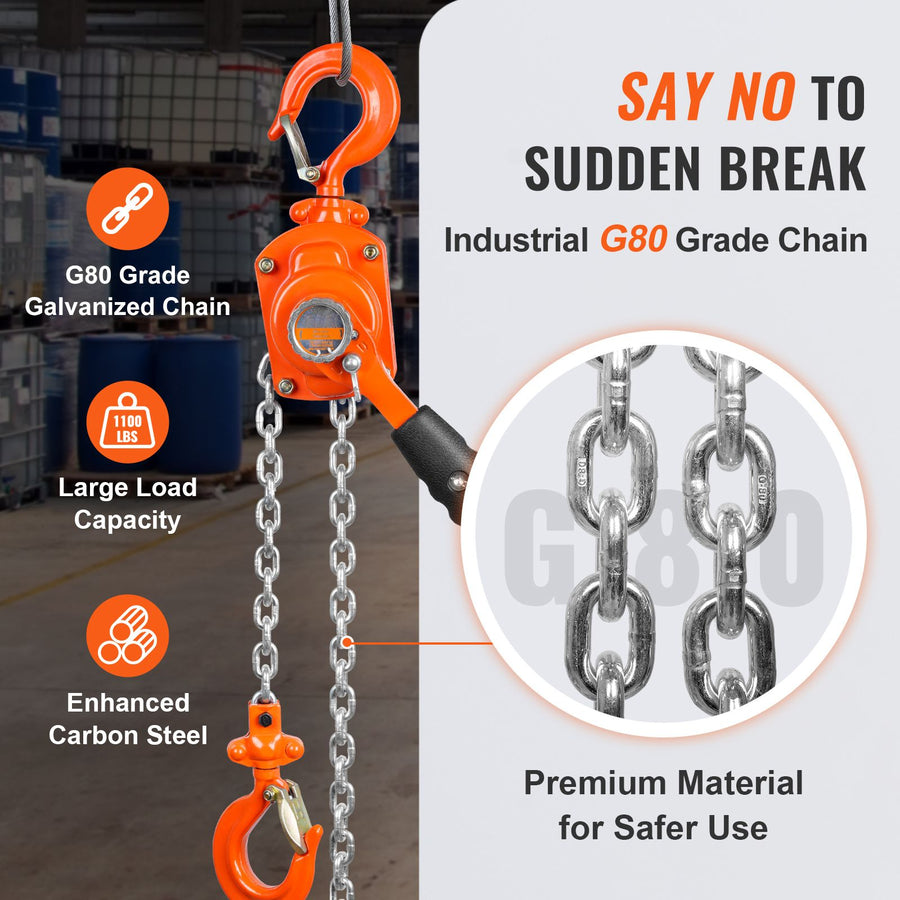 Manual Lever Chain Hoist, 1/2 Ton 1100 lbs Capacity 10 FT Come Along, G80 Galvanized Carbon Steel with Weston Double-Pawl Brake, Auto Chain Leading & 360° Rotation Hook, for Garage Factory Dock