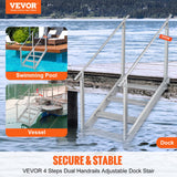 VEVOR Dock Ladder 4 Step, Dock Stairs 30''-38'' Adjustable Height, 227 kgs Load Capacity, Aluminum Pontoon Boat Ladder with Dual Handrails & Nonslip Mat for Ship/Lake/Pool/Marine Boarding - Front View
