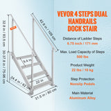 VEVOR Dock Ladder 4 Step, Dock Stairs 30''-38'' Adjustable Height, 227 kgs Load Capacity, Aluminum Pontoon Boat Ladder with Dual Handrails & Nonslip Mat for Ship/Lake/Pool/Marine Boarding - Close-Up Angle