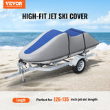 VEVOR Jet Ski Cover 320-342 cm Trailerable Waterproof PWC Cover, Heavy-duty 600D Marine Grade PU Oxford Fabric, UV Resistant Seadoo Cover with Buckle Straps, Personal Watercraft Covers, Grey+Blue - Front View