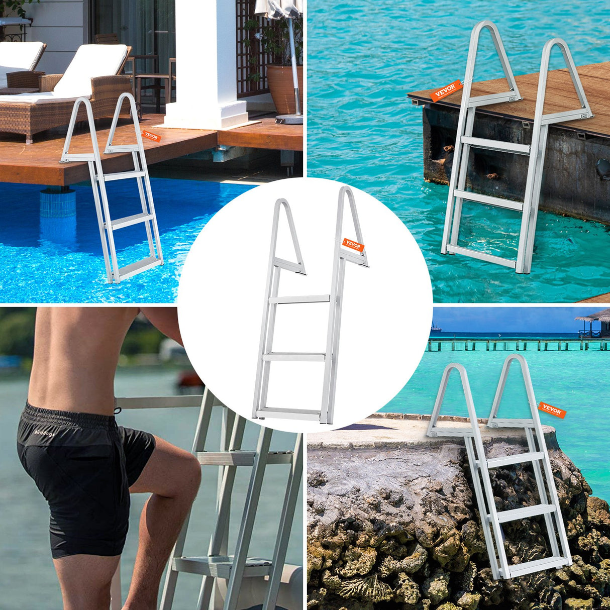 VEVOR Dock Ladder, Removable 3 Steps, 159 kg Load Capacity, Aluminum Alloy Pontoon Boat Ladder with 101.6 mm Wide Step & Nonslip Rubber Mat, Easy to