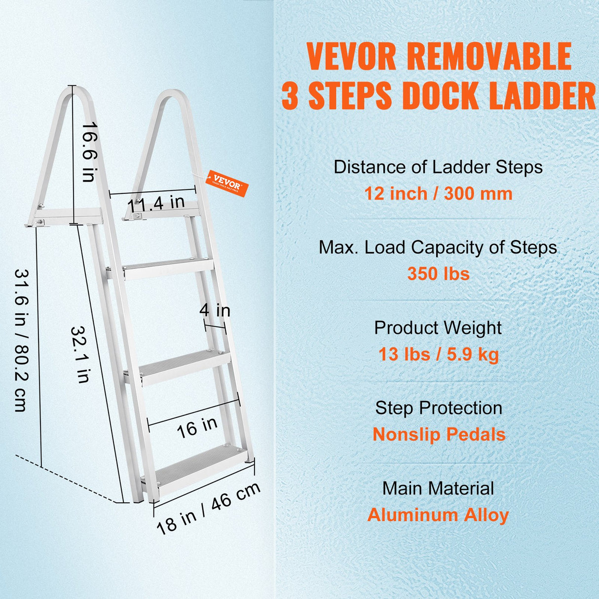 VEVOR Dock Ladder, Removable 3 Steps, 159 kg Load Capacity, Aluminum Alloy Pontoon Boat Ladder with 101.6 mm Wide Step & Nonslip Rubber Mat, Easy to