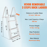 VEVOR Dock Ladder, Removable 3 Steps, 159 kg Load Capacity, Aluminum Alloy Pontoon Boat Ladder with 101.6 mm Wide Step & Nonslip Rubber Mat, Easy to