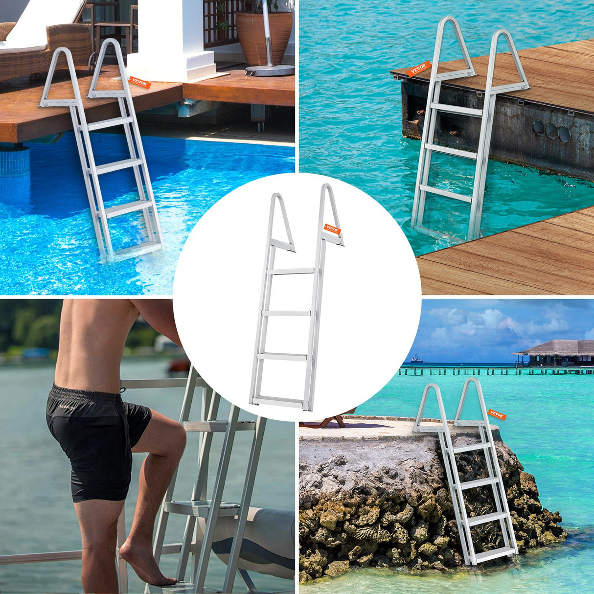 VEVOR Dock Ladder, Removable 4 Steps, 350 lbs Load Capacity, Aluminum Alloy Pontoon Boat Ladder with 4'' Wide Step & Nonslip Mat, Easy to Install for Ship/Lake/Pool/Marine Boarding