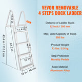 VEVOR Dock Ladder, Removable 4 Steps, 350 lbs Load Capacity, Aluminum Alloy Pontoon Boat Ladder with 4'' Wide Step & Nonslip Mat, Easy to Install for Ship/Lake/Pool/Marine Boarding - Close-Up Angle
