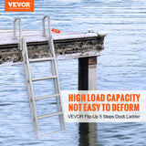 VEVOR Dock Ladder Flip Up 5 Steps, 350lbs Load Capacity, Aluminum Pontoon Boat Ladder with 4" Wide Step & Nonslip Rubber Mat,Swimm Step Ladder for