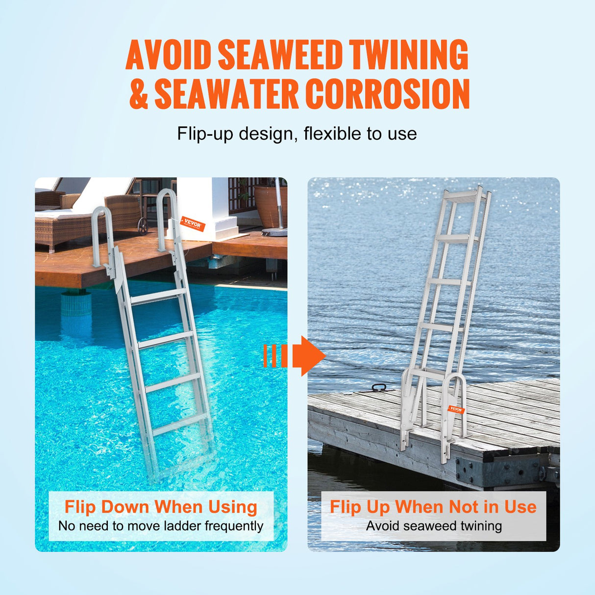 VEVOR Dock Ladder Flip Up 5 Steps, 350lbs Load Capacity, Aluminum Pontoon Boat Ladder with 4" Wide Step & Nonslip Rubber Mat,Swimm Step Ladder for Ship/Lake/Pool/Marine Boarding