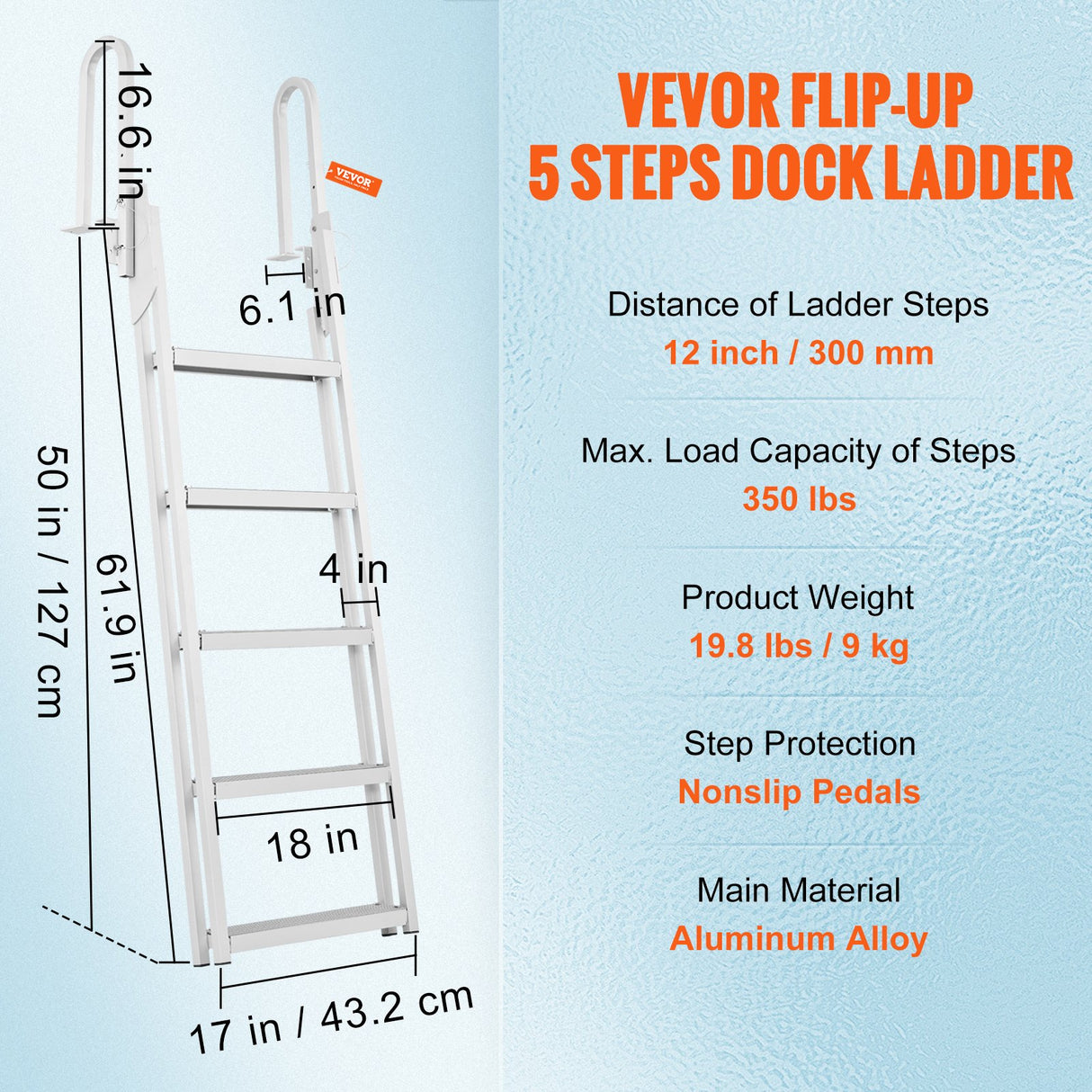 VEVOR Dock Ladder Flip Up 5 Steps, 350lbs Load Capacity, Aluminum Pontoon Boat Ladder with 4" Wide Step & Nonslip Rubber Mat,Swimm Step Ladder for