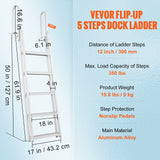 VEVOR Dock Ladder Flip Up 5 Steps, 350lbs Load Capacity, Aluminum Pontoon Boat Ladder with 4