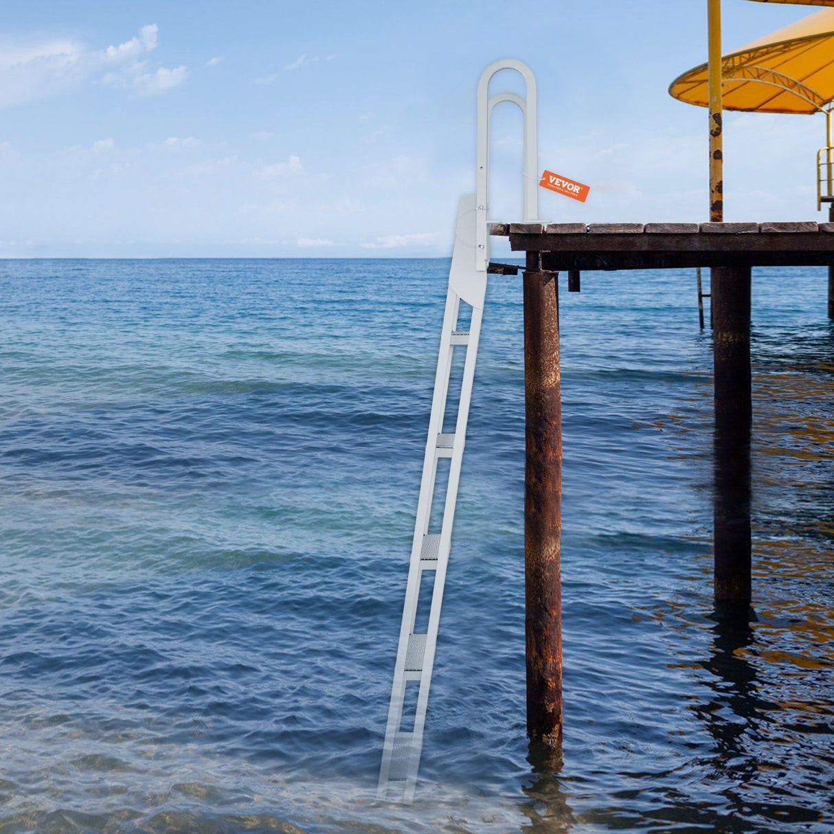 VEVOR Dock Ladder Flip Up 5 Steps, 350lbs Load Capacity, Aluminum Pontoon Boat Ladder with 4" Wide Step & Nonslip Rubber Mat,Swimm Step Ladder for