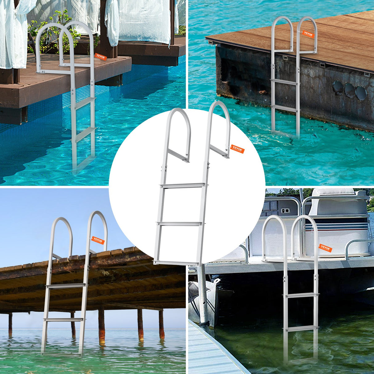 VEVOR Dock Ladder, Removable 3 Steps, 227 kg Load Capacity, Aluminum Alloy Pontoon Boat Ladder with 7.9 cm Wide Step & Nonslip Rubber Mat, Easy to