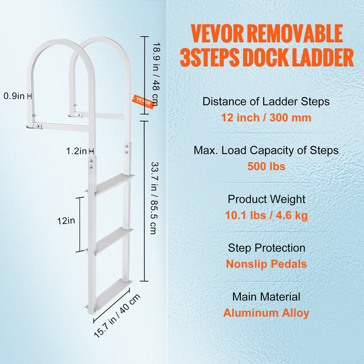 VEVOR Dock Ladder, Removable 3 Steps, 227 kg Load Capacity, Aluminum Alloy Pontoon Boat Ladder with 7.9 cm Wide Step & Nonslip Rubber Mat, Easy to
