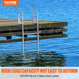 VEVOR Dock Ladder, Flip-Up 3 Steps, 159 kg Load Capacity, Aluminum Alloy Pontoon Boat Ladder with 50.8 mm Wide Step & Nonslip Rubber Mat, Easy to Install for Ship/Lake/Pool/Marine Boarding - Front View