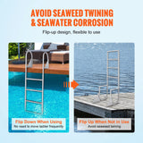 VEVOR Dock Ladder, Flip-Up 4 Steps, 159 kg Load Capacity, Aluminum Alloy Pontoon Boat Ladder with 50.8 mm Wide Step & Nonslip Rubber Mat, Easy to Install for Ship/Lake/Pool/Marine Boarding - Side View