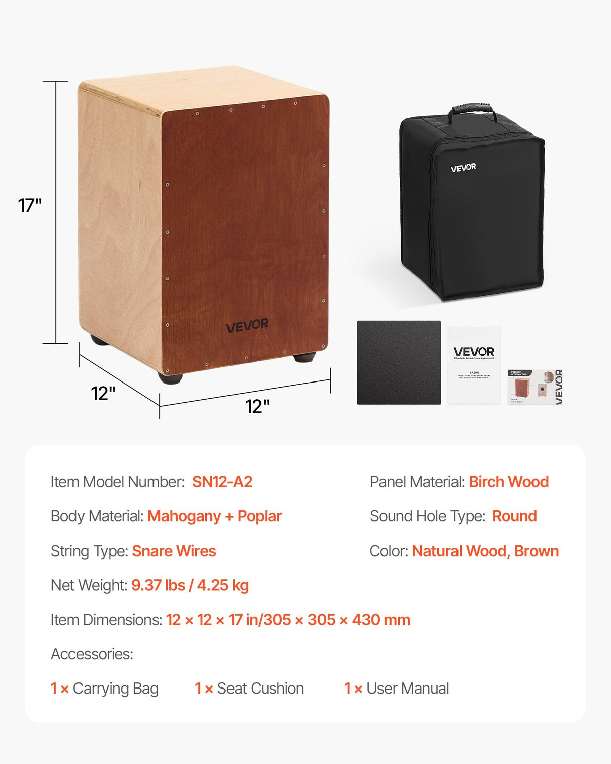 VEVOR Cajon Box Drum Birchwood Percussion Instrument with Snare Wires Travel Bag