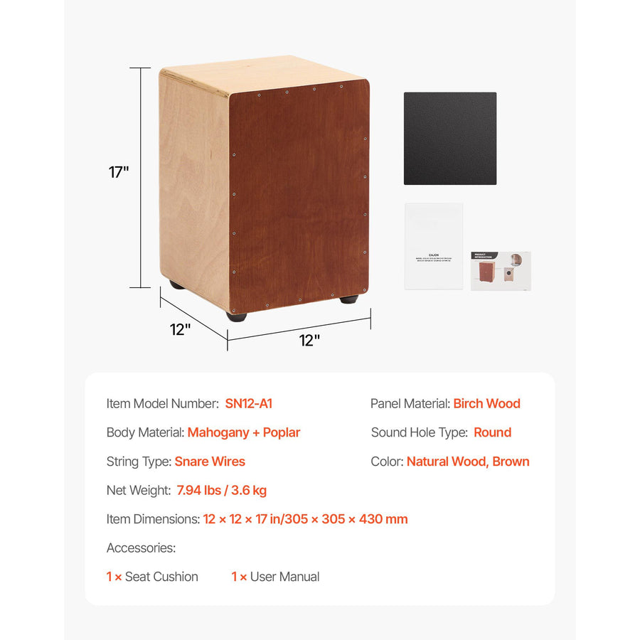 Cajon Box Drum, with Internal Snare Wires, Lightweight Wooden Percussion Box, Portable Birch Wood Drum Musical Instrument with Silicone Feet, for Beginners and Professionals, 305 x 305 x 430 mm