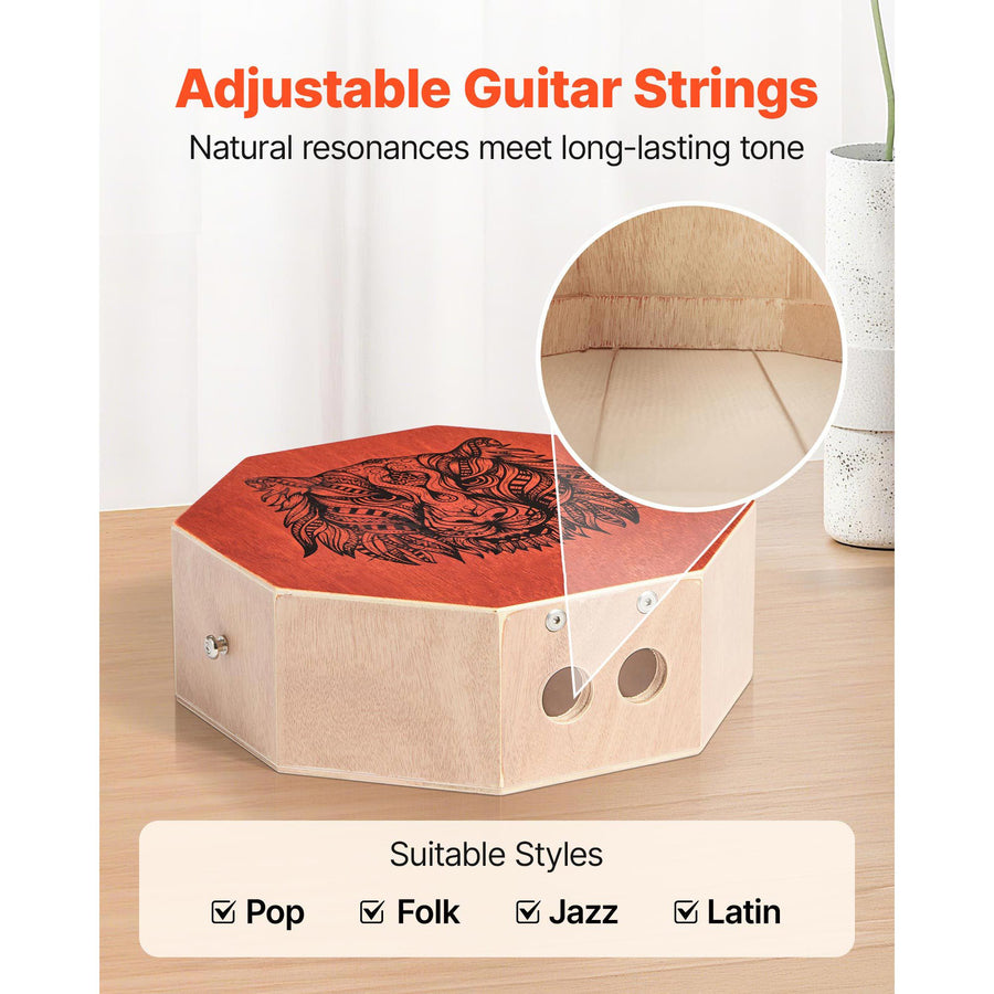Unique Cajon Box Drum, with Internal  Guitar Strings, Portable Wooden Percussion Box, Birch Wood Drum Musical Instrument with Adjustable Strap, for Beginners & Professionals, 295 x 295 x 100 mm