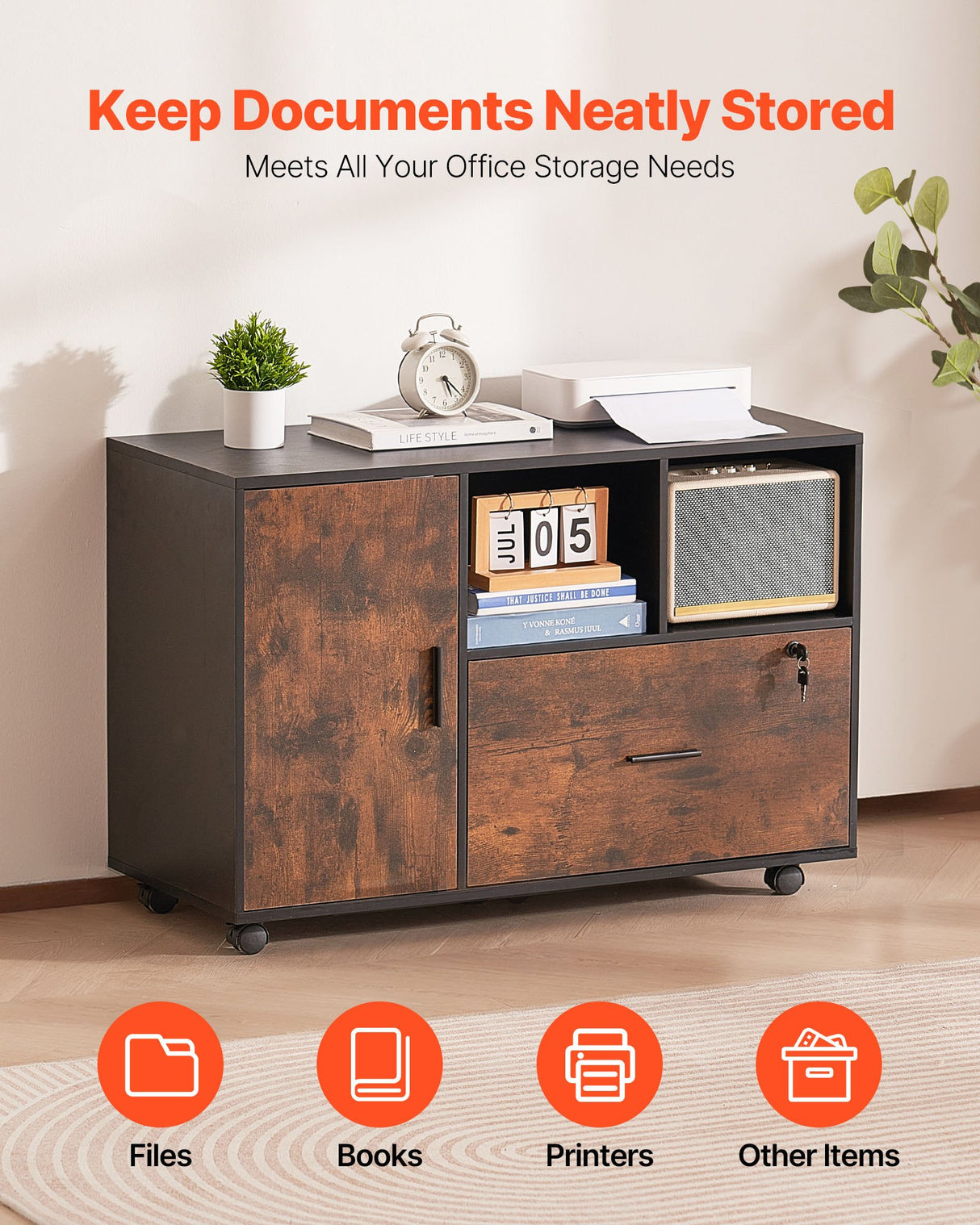 VEVOR Wood File Cabinet Lockable Mobile Filing Cabinet Open Shelves Rustic Brown