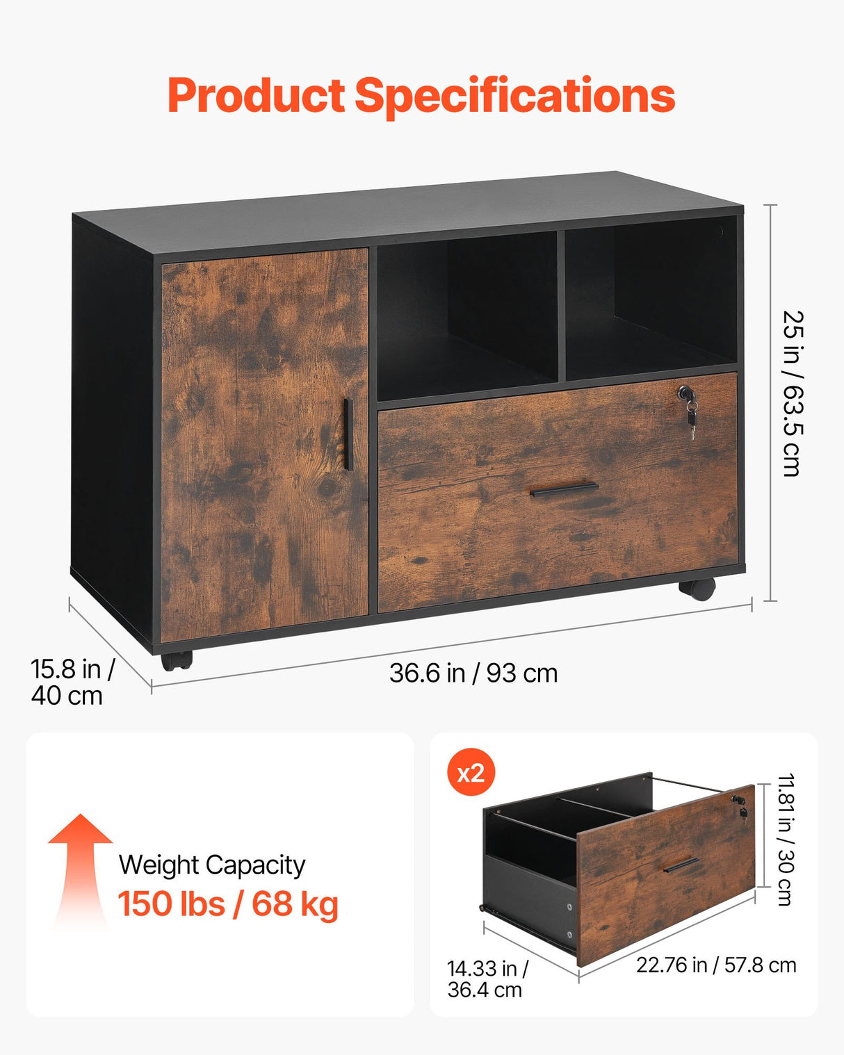 VEVOR Wood File Cabinet Lockable Mobile Filing Cabinet Open Shelves Rustic Brown