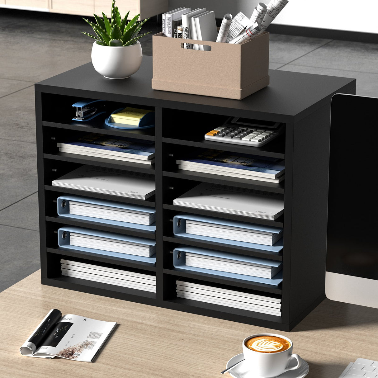 VEVOR Wood Literature Organizer Adjustable File Sorter 12 Compartments Black