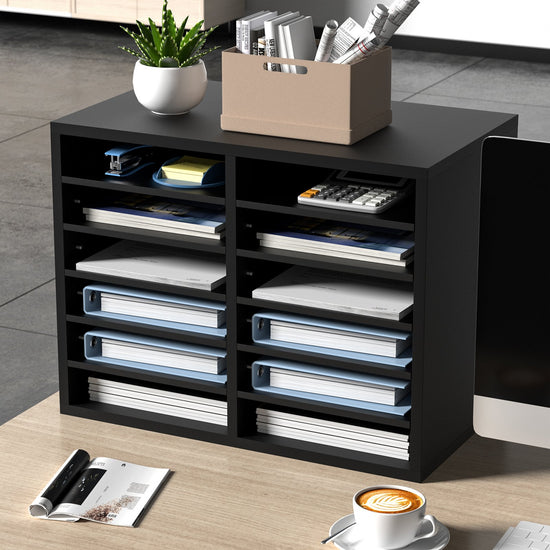 VEVOR Wood Literature Organizer Adjustable File Sorter 12 Compartments Black