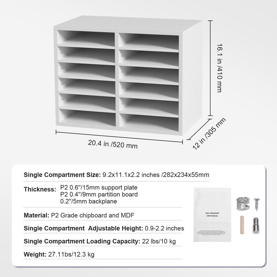 Wood Literature Organizer Adjustable File Sorter 12 Compartments White